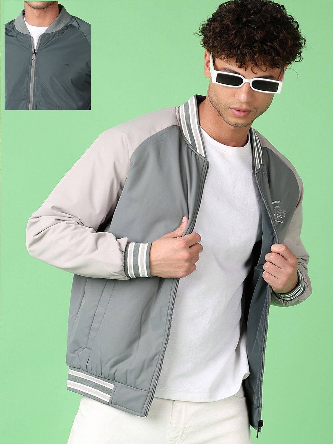 

V-Mart Men Stand Collar Colourblocked Cotton Casual Varsity Reversible Jacket, Grey