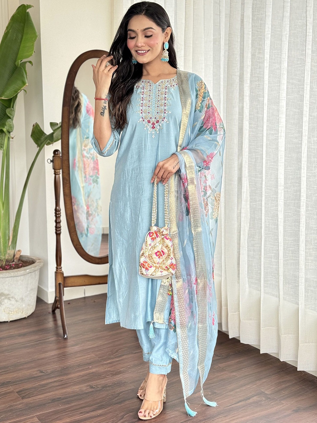 

KALINI Ethnic Motifs Embroidered Chanderi Silk Straight Kurta With Trousers & Dupatta, Grey