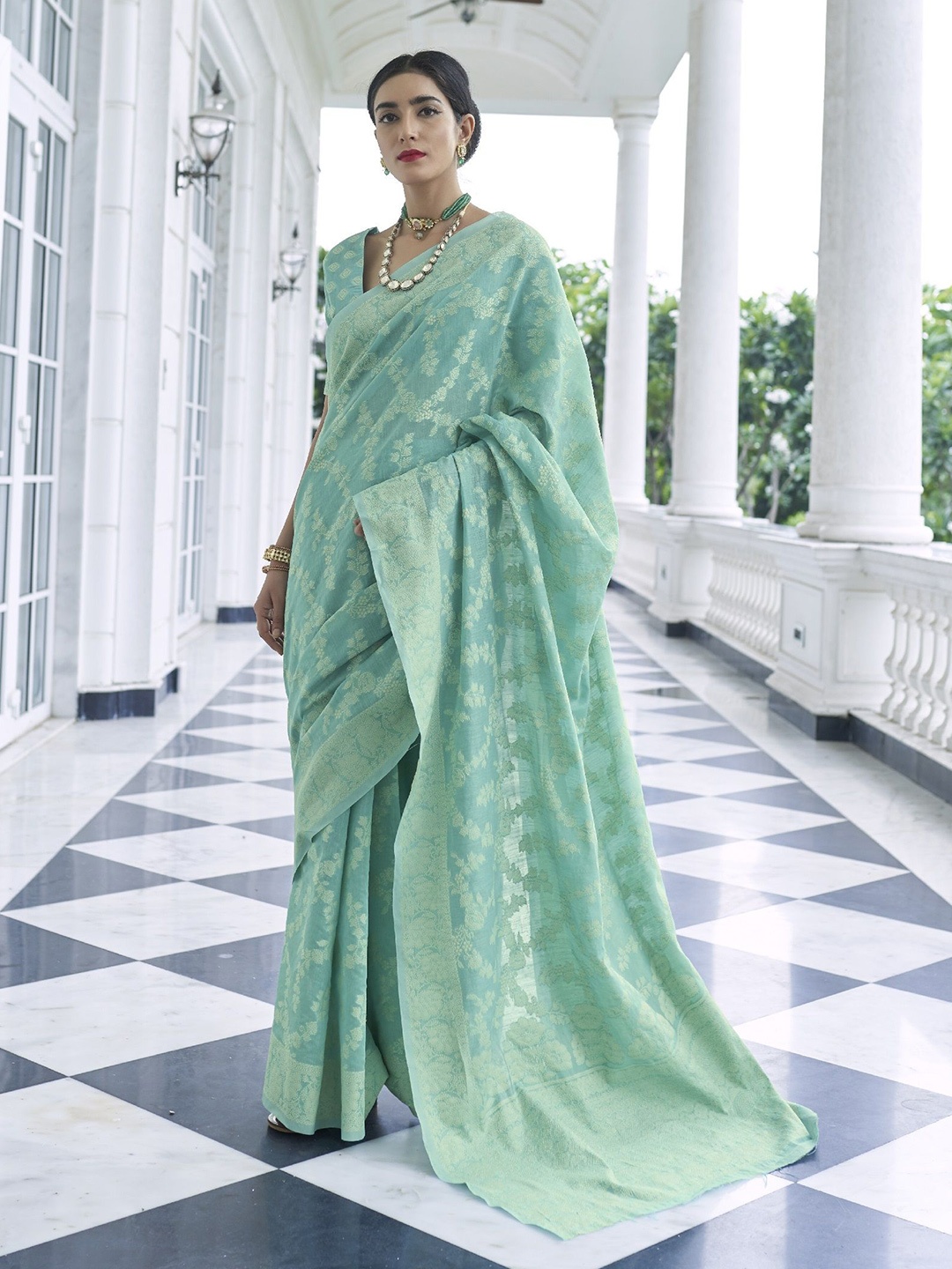 

MAHALASA Ethnic Motifs Pure Cotton Chanderi Saree With Blouse Piece, Teal