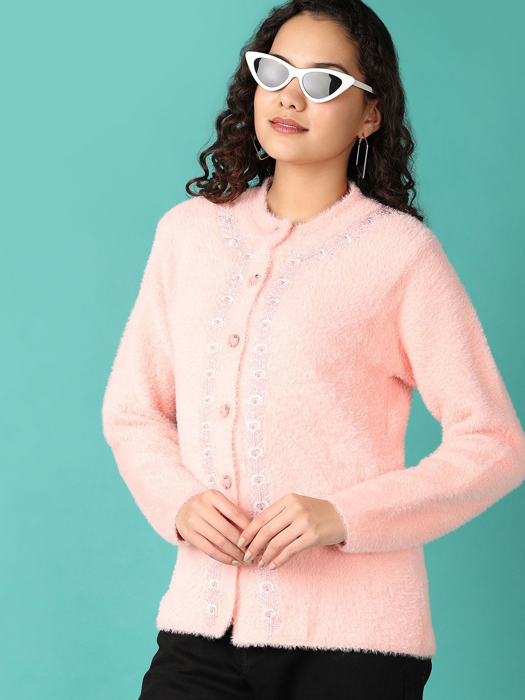 

V-Mart Women Floral Round Neck Cardigan, Pink