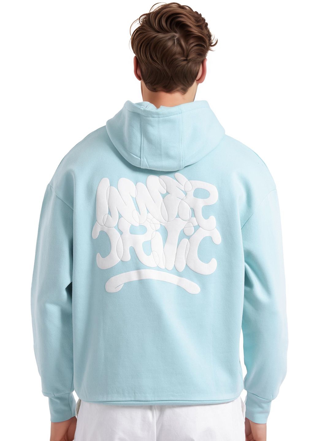 

RARE RABBIT Men Back Printed Hooded Cotton Sweatshirt, Turquoise blue