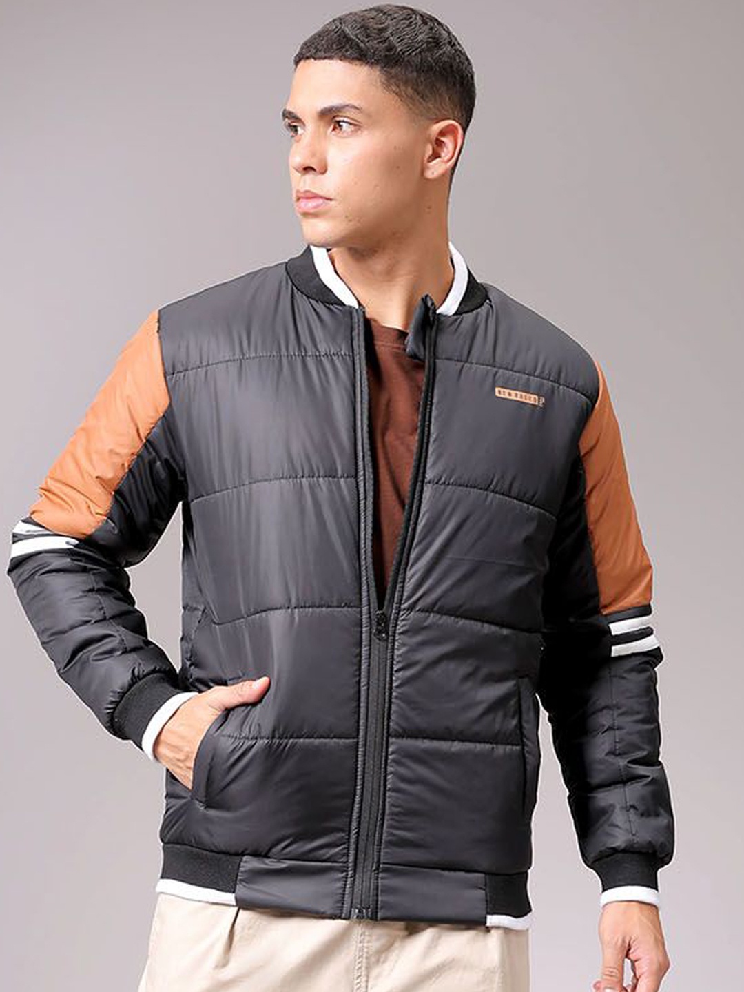 

The Indian Garage Co Men Colourblocked Quilted Jacket with Patchwork, Black