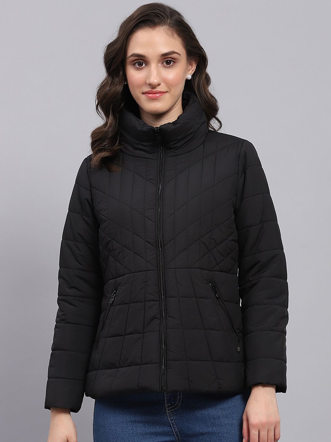 

Monte Carlo Women Mock Collar Solid Casual Padded Jacket, Black