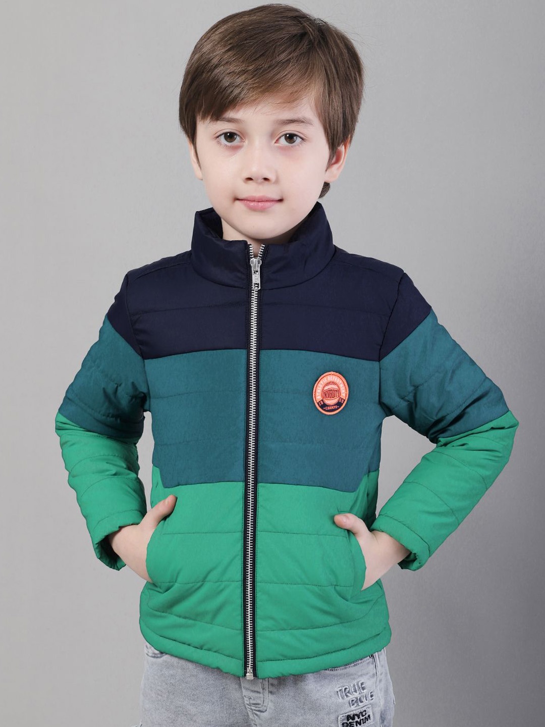 

HOUSE OF VEDAS Boys Mock Collar Colourblocked Casual Padded Jacket, Green