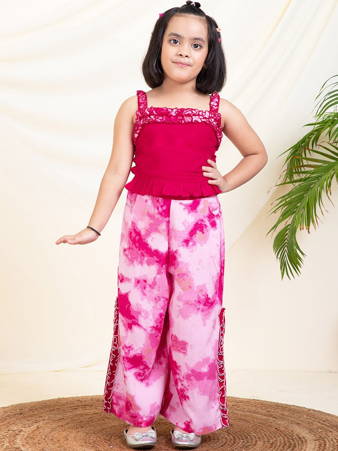 

Bugandbees Printed Square Neck Top With Palazzo, Magenta
