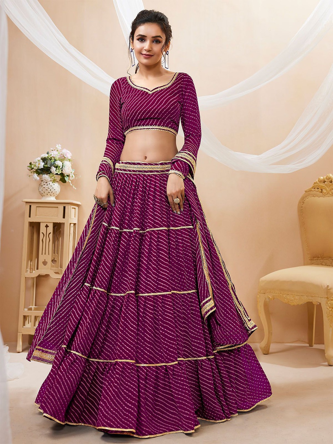 

ODETTE Printed Gotta Patti Semi-Stitched Lehenga & Unstitched Blouse With Dupatta, Purple