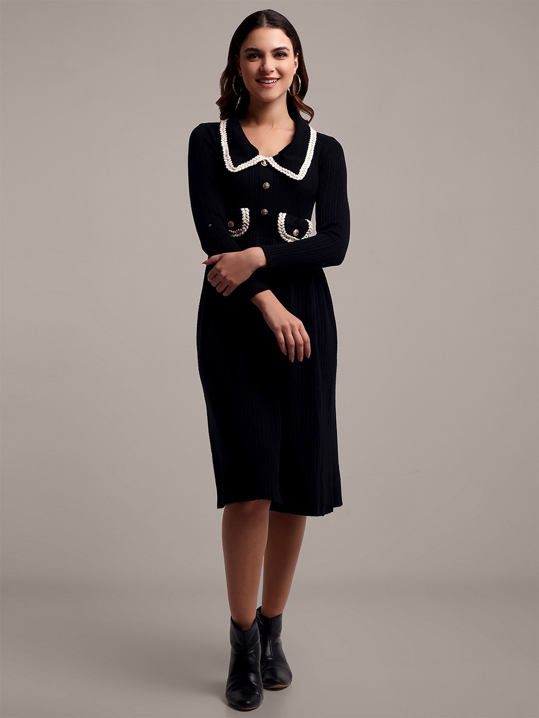 

iki chic Women Self Design Peter Pan Collar Fit & Flare Midi Dress, Black