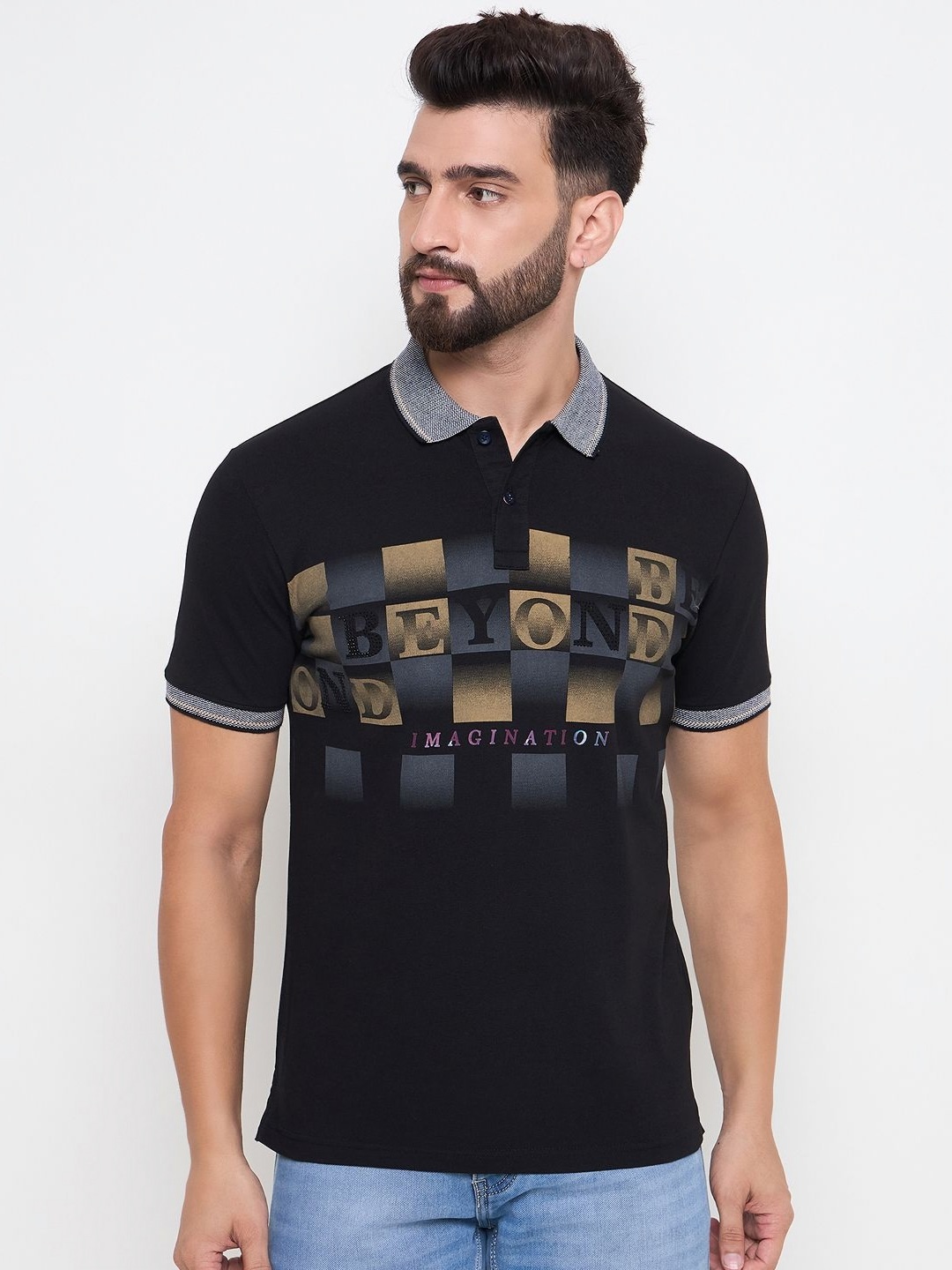 

Duke Men Geometric Printed Polo Collar Cotton Slim Fit T-shirt, Black