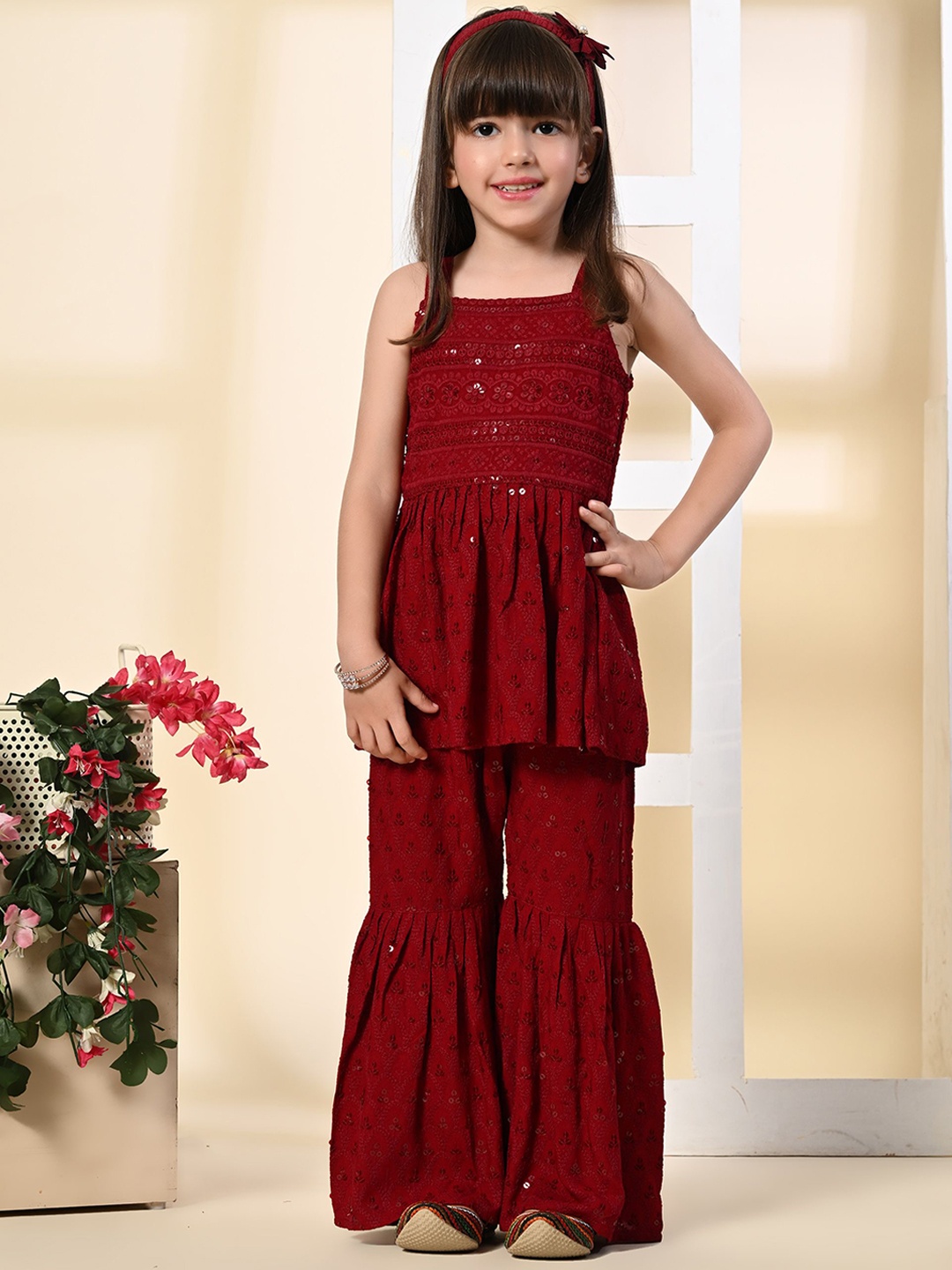 

Muffin Shuffin Girls Ethnic Motifs Embroidered Sequinned Top with Sharara, Maroon