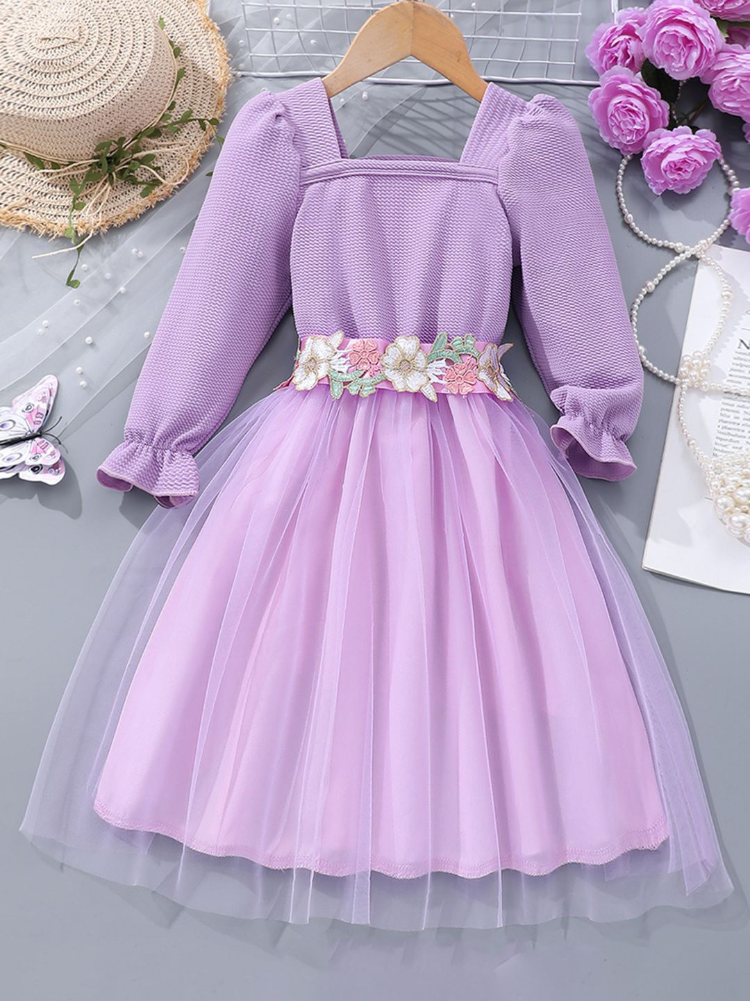 

INCLUD Girls Puff Sleeve Belted Gown Maxi Dress, Purple