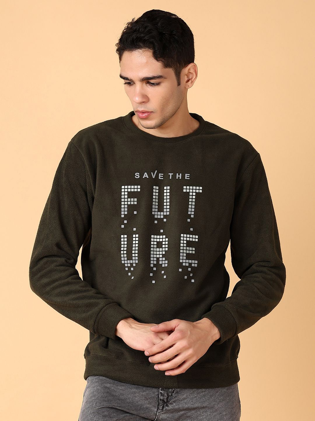 

V-Mart Men Olive Printed Round Neck Long Sleeves Pullover Sweatshirt