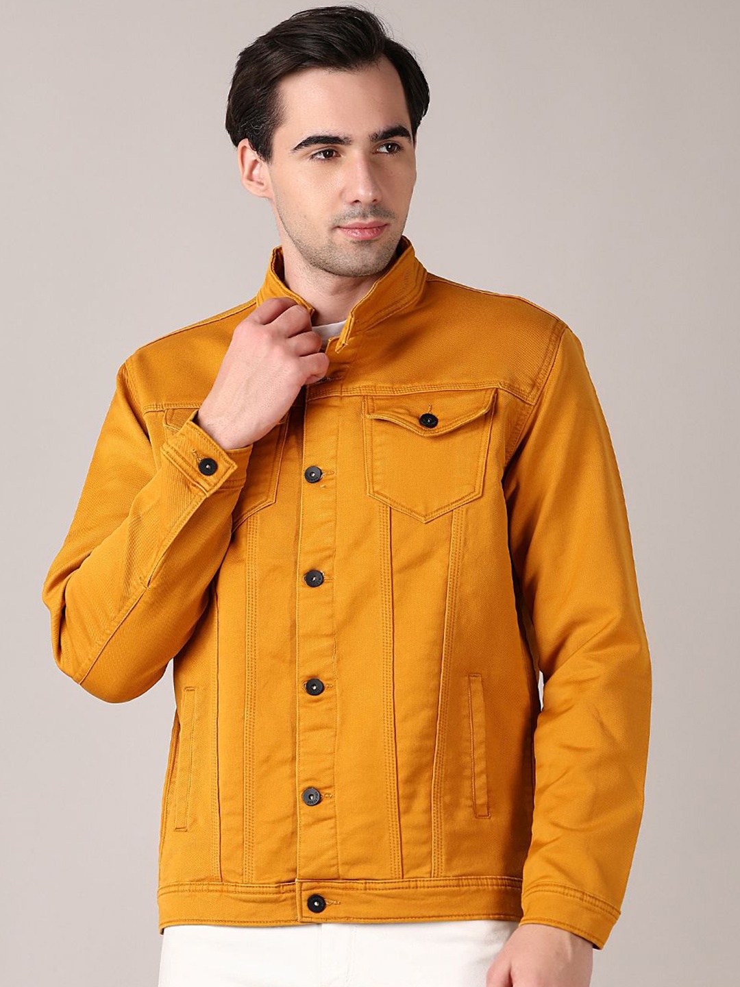 

V-Mart Men Stand Collar Solid Denim Casual Jacket, Mustard