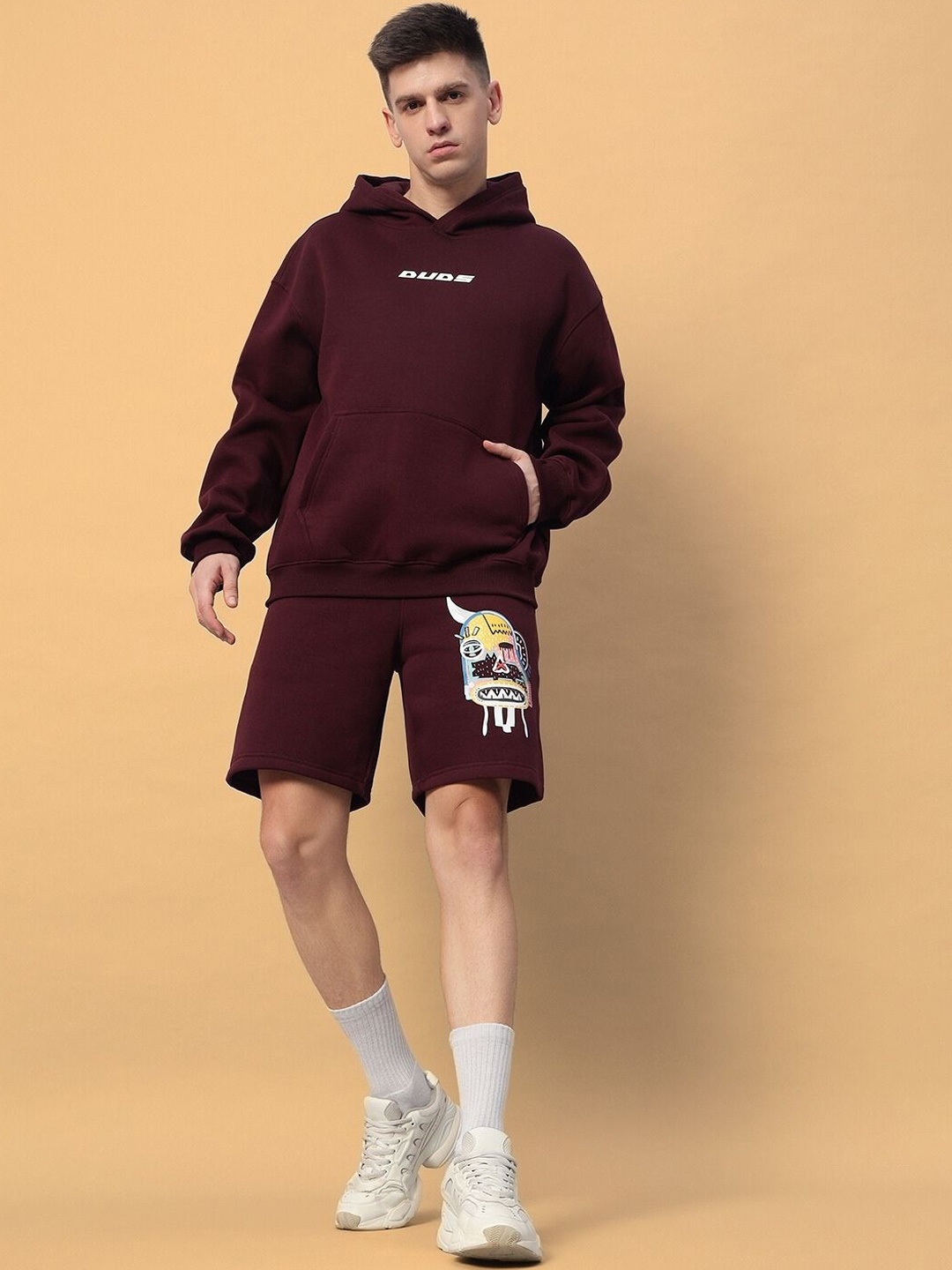 

WEARDUDS Printed Hooded Long Sleeves Sweatshirt With Shorts, Burgundy