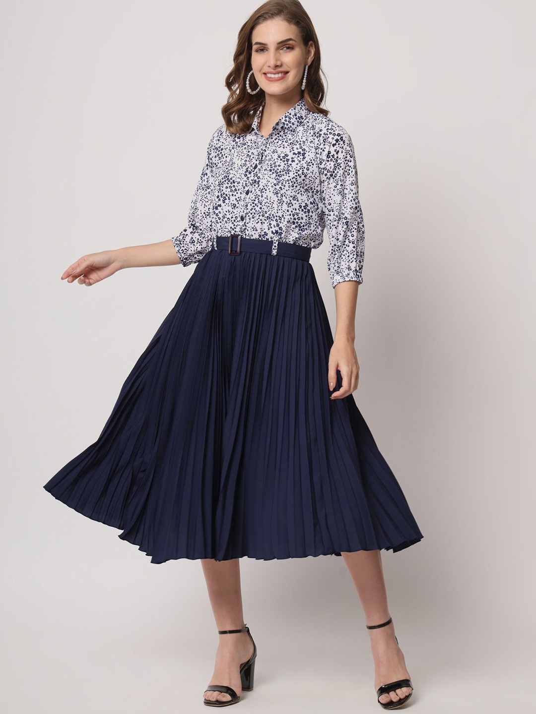 

Femvy Floral Print Pleated Fit & Flare Midi Dress With Belt, Blue