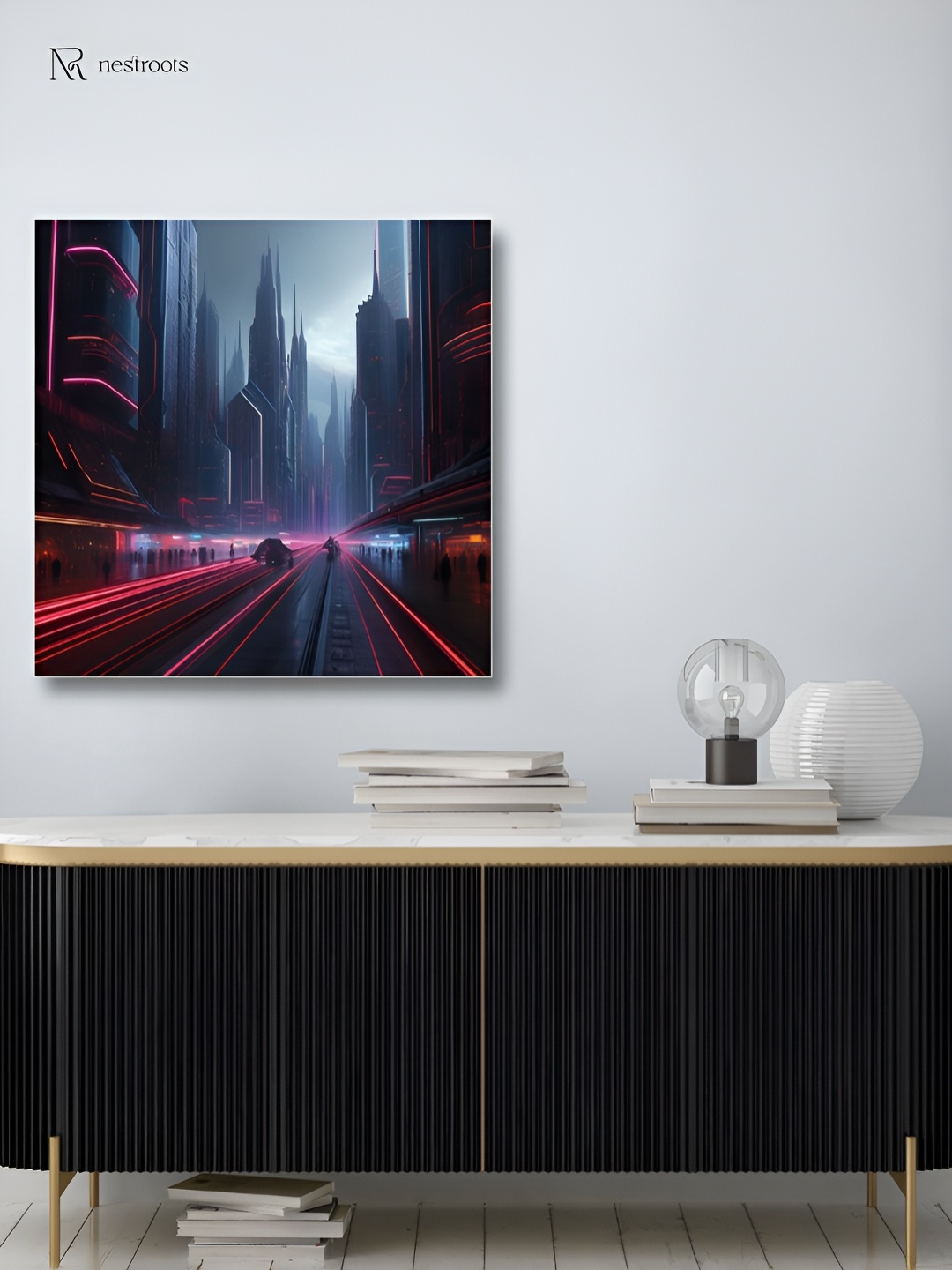 

nestroots Neon Cityscape Blue & Pink Printed Canvas Wall Art