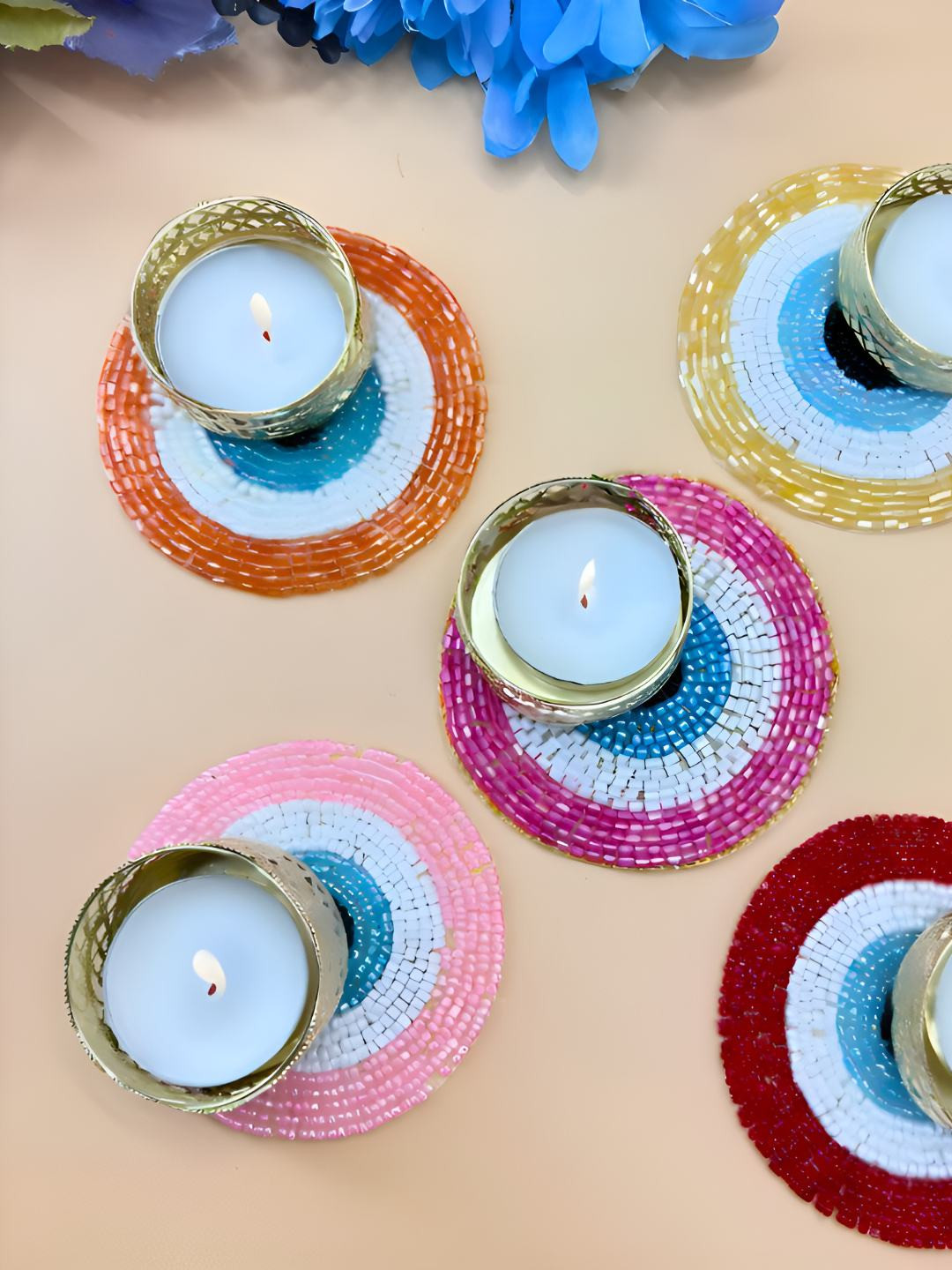 

THE HOME CO. Blue & White 5 Pieces Printed Evil Eye Tea Light Candle Holder