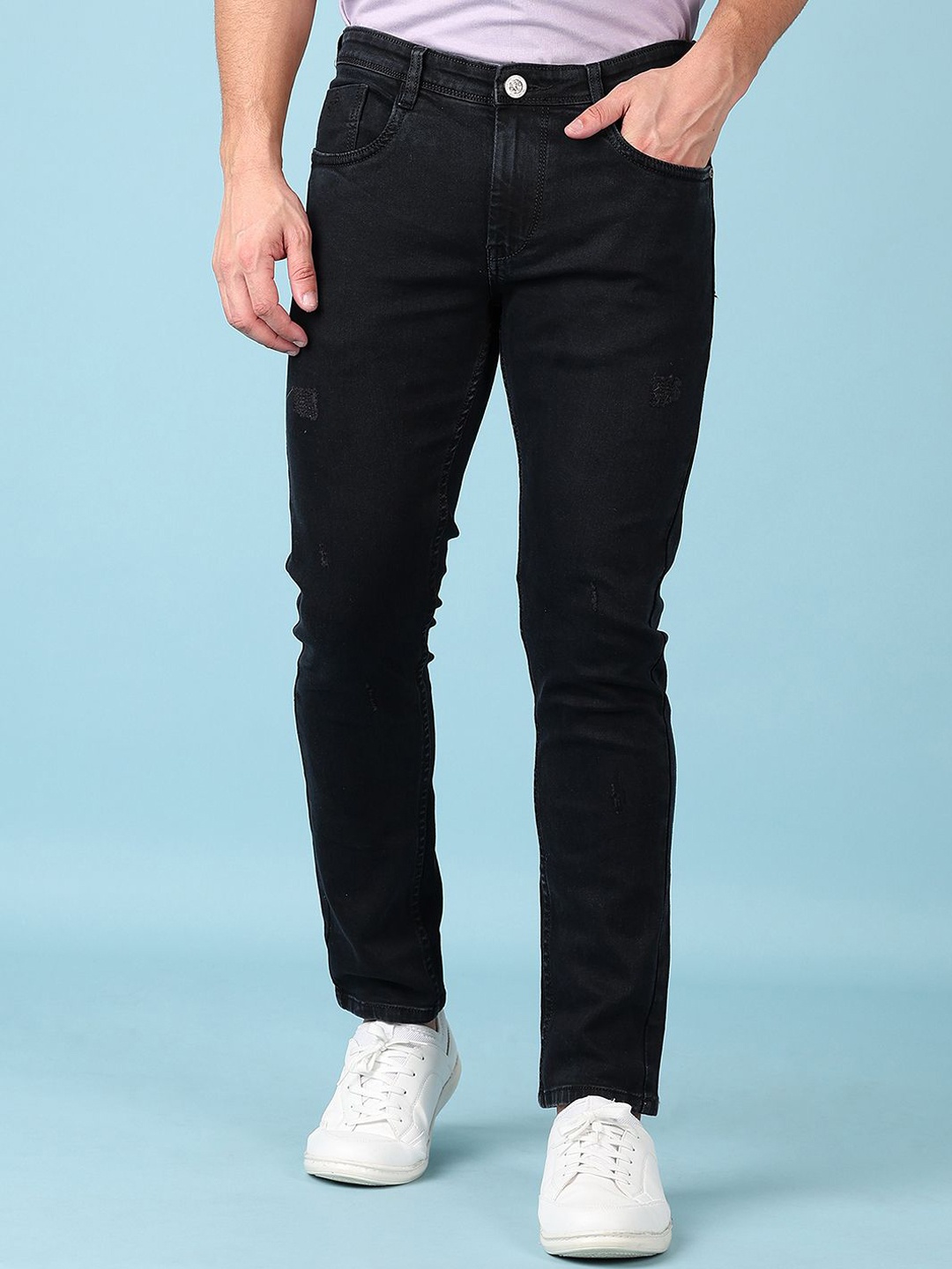 

V-Mart Men Cotton Regular Fit Low Distress Stretchable Jeans, Black
