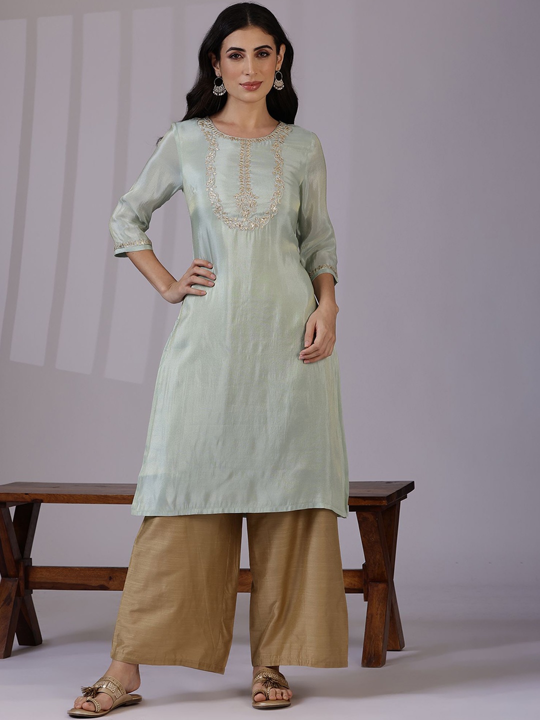 

W Blue Floral Embroidered Round Neck Three-Quarter Sleeves Regular Straight Kurta
