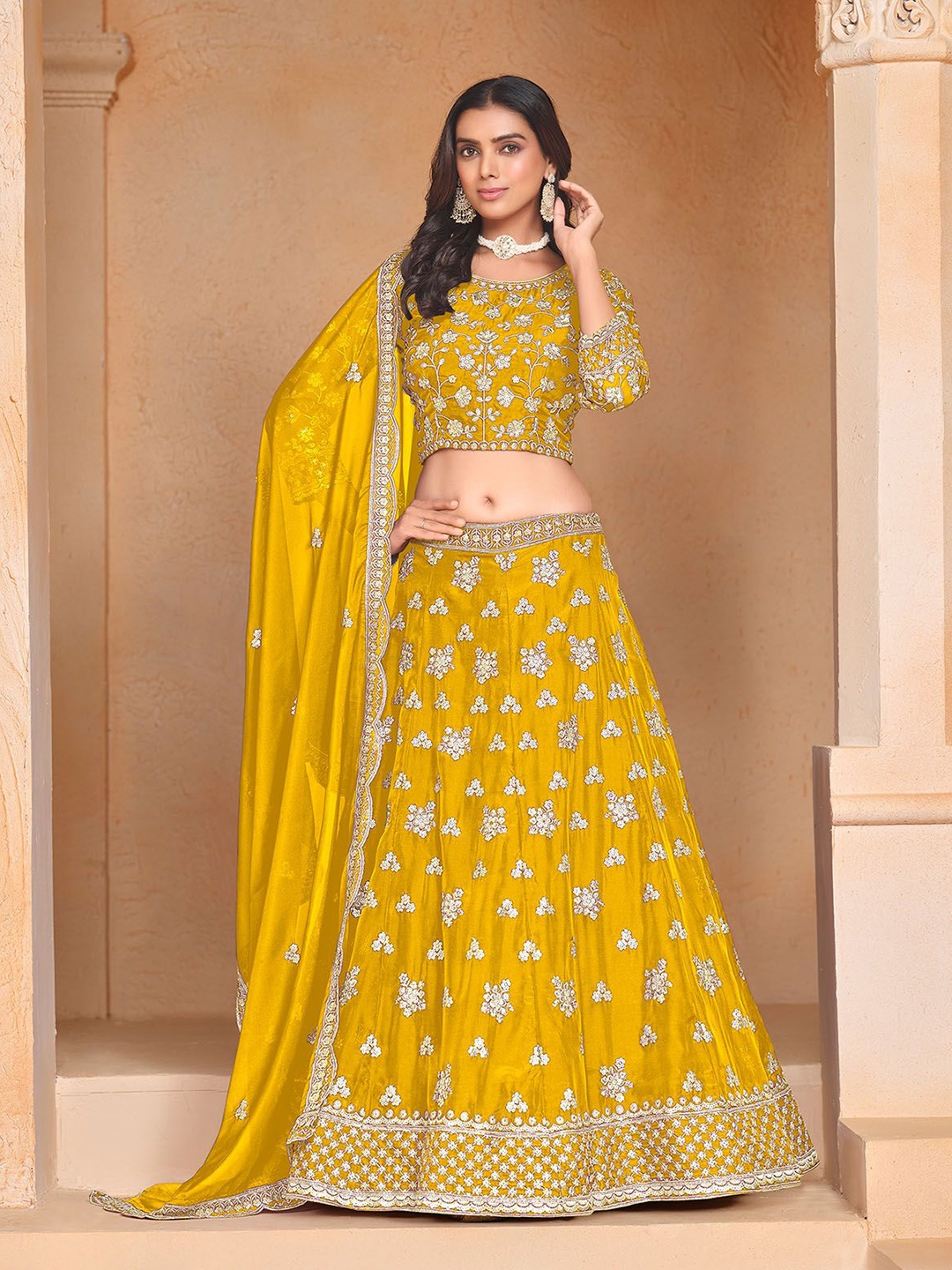 

ODETTE Embroidered Beads and Stones Semi-Stitched Lehenga & Unstitched Blouse With Dupatta, Yellow