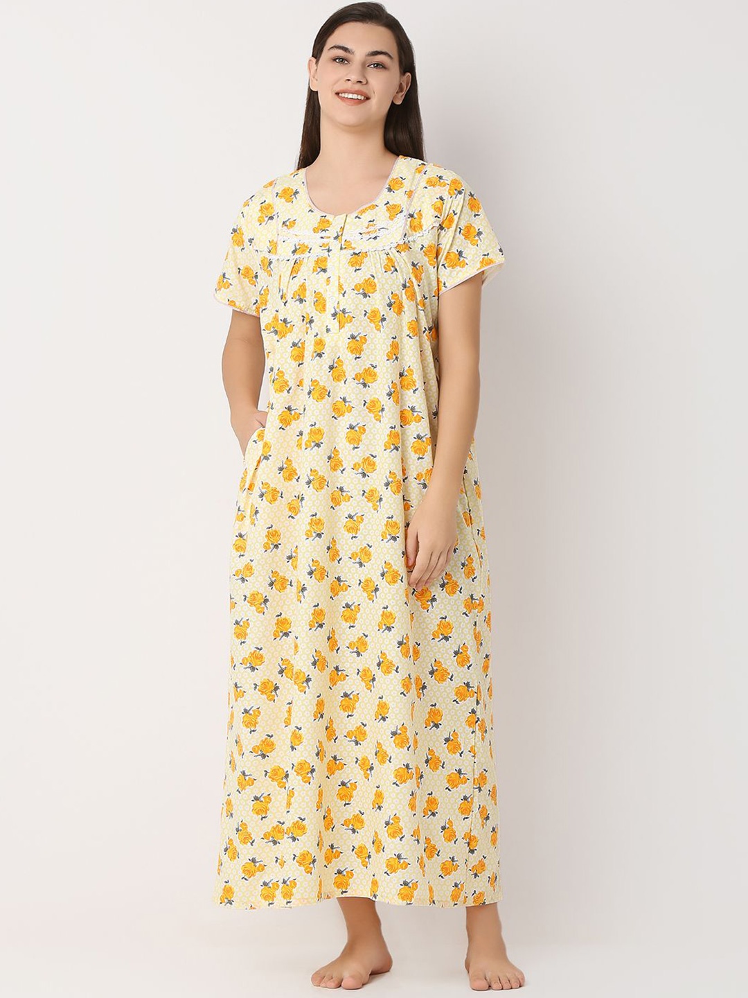 

Juliet Women Printed Maxi Nightdress, Yellow