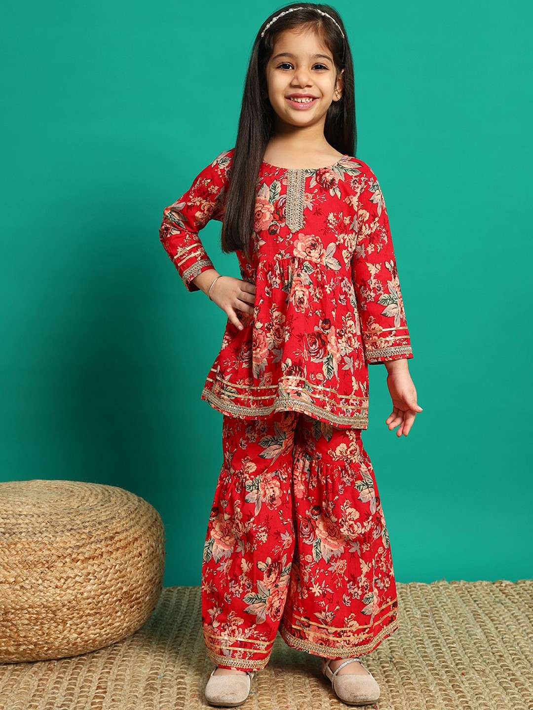 

Readiprint Girls Floral Printed Gotta Patti Pure Cotton Kurti with Sharara, Red