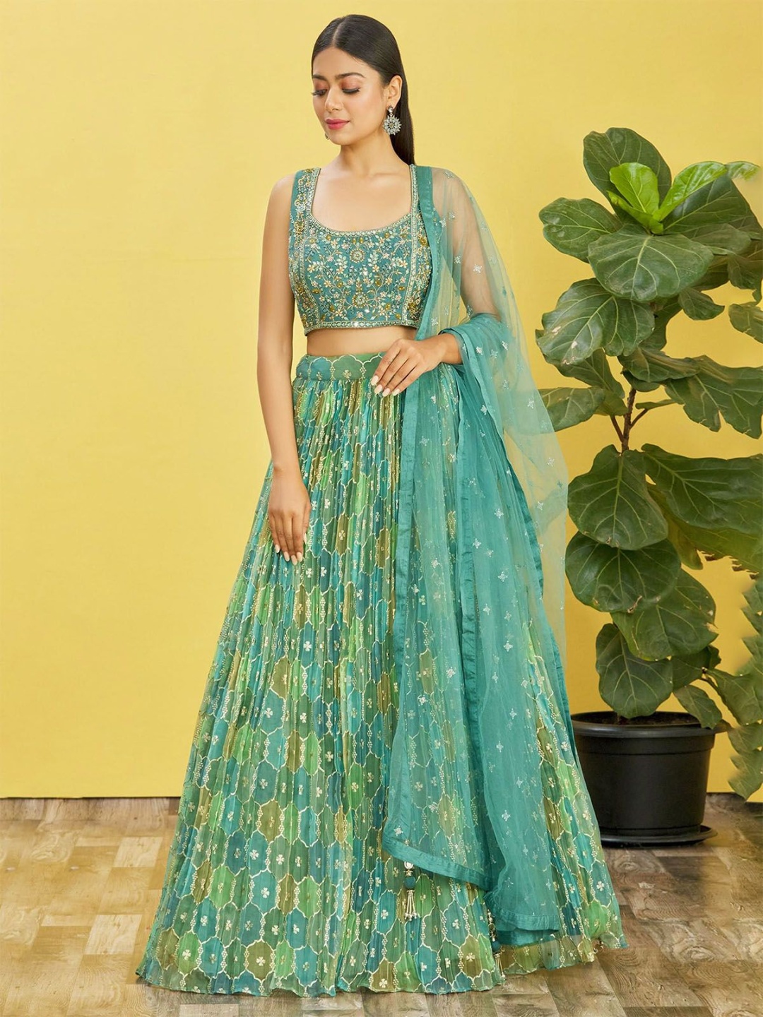 

ODETTE Embellished Sequinned Organza Semi-Stitch Lehenga & Unstitched Blouse With Dupatta, Green