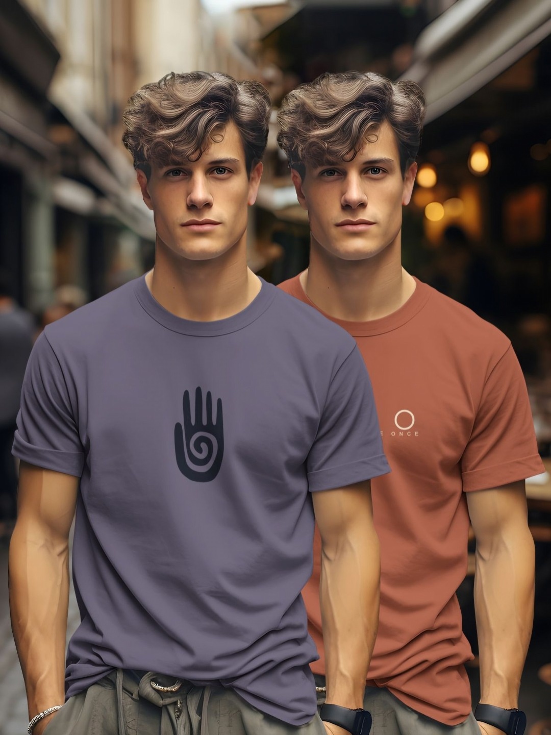 

BULLMER Men Pack Of 2 Graphic Printed Round Neck Cotton T-shirts, Purple