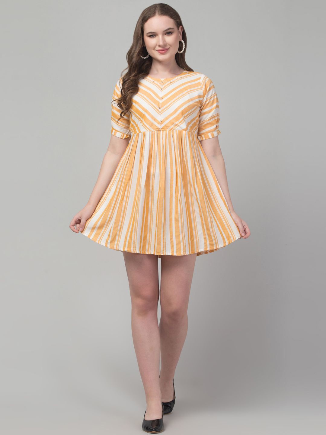 

Trend Level Women Striped Fit and Flare Mini Dress, Mustard