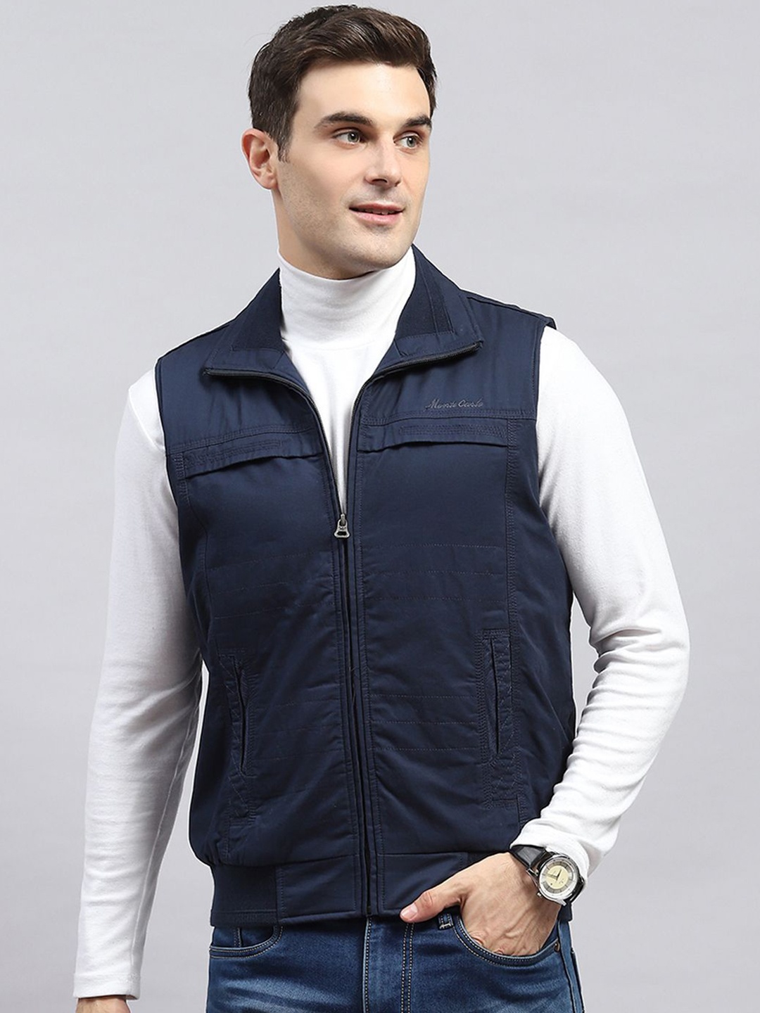 

Monte Carlo Men Mock Collar Solid Cotton Casual Open Front Jacket, Navy blue