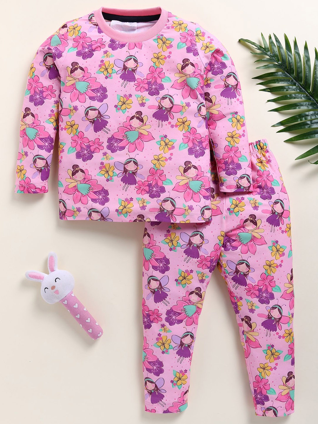 

YK Girls Printed Round Neck Night suit, Pink