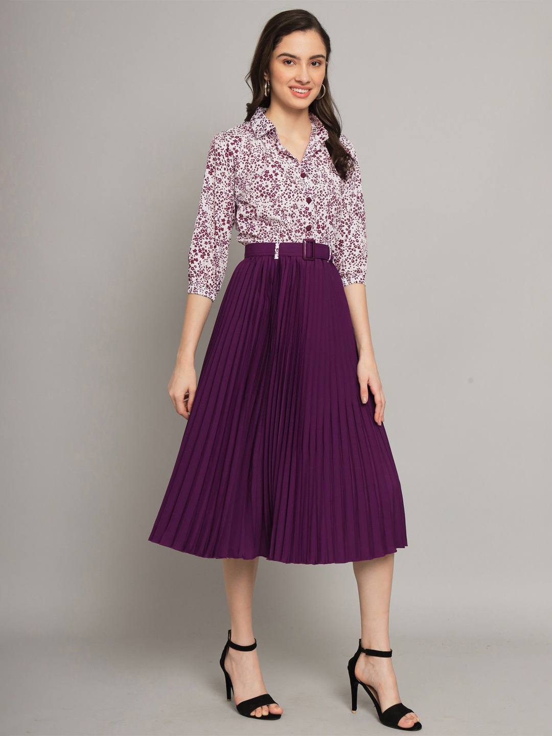 

Femvy Floral Print Shirt Collar Fit & Flare Midi Dress With Belt, Magenta
