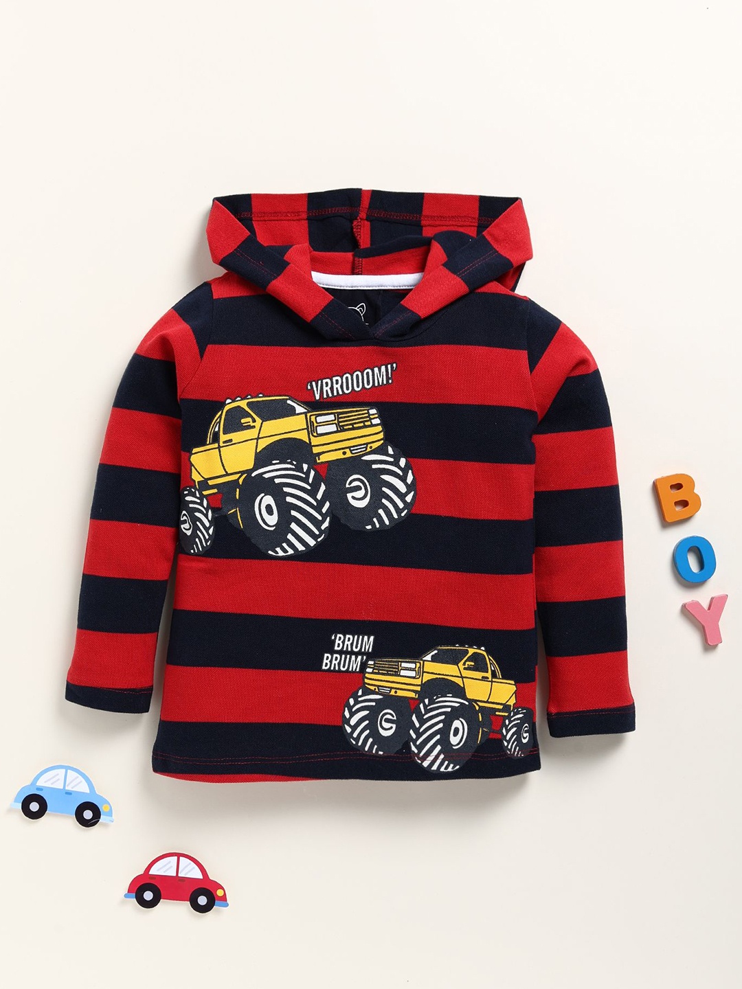 

YK Boys Striped Printed Hooded Sweatshirt, Red