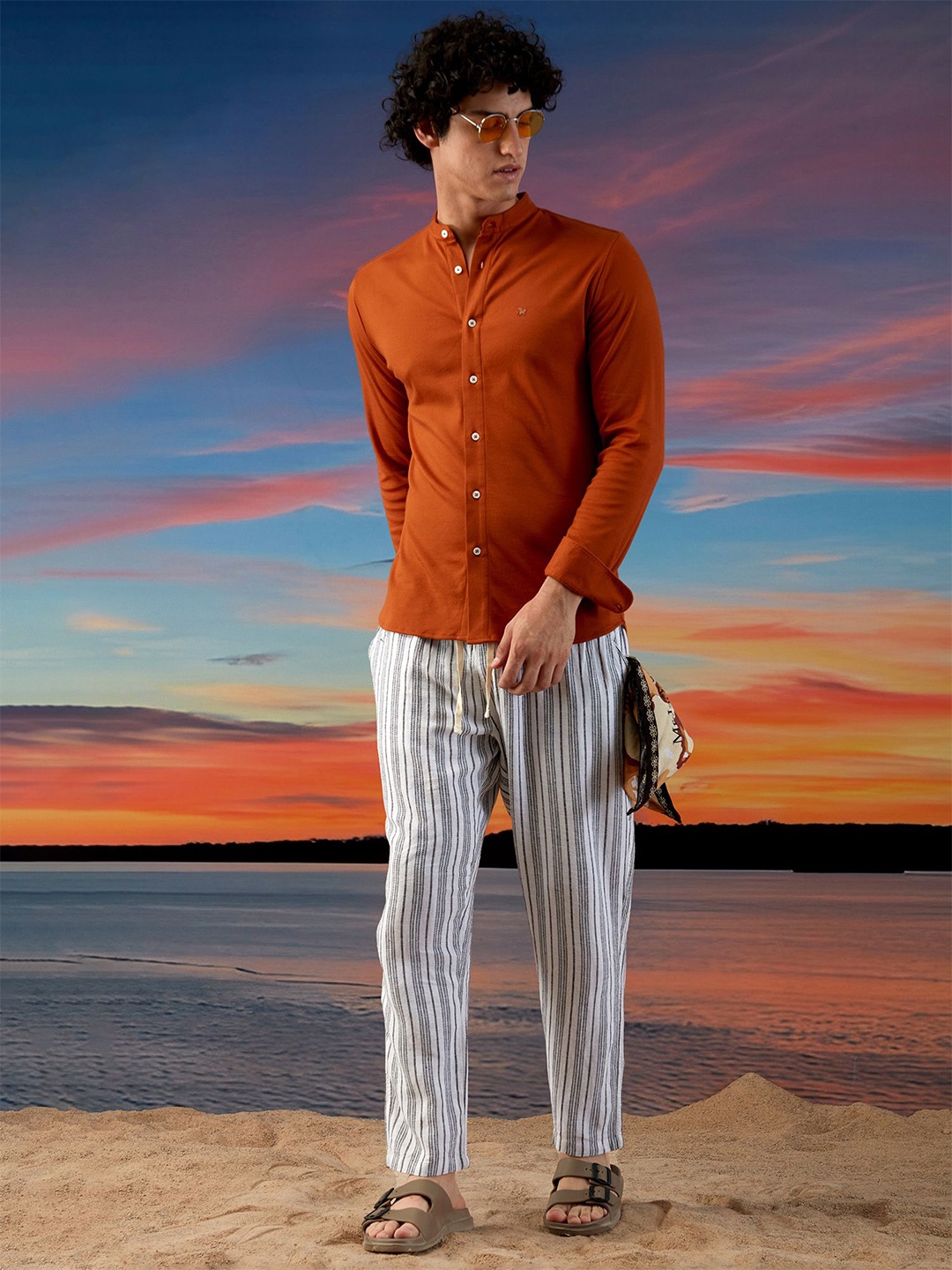 

Markle Moro Men Band Collar Solid Cotton Casual Shirt, Orange