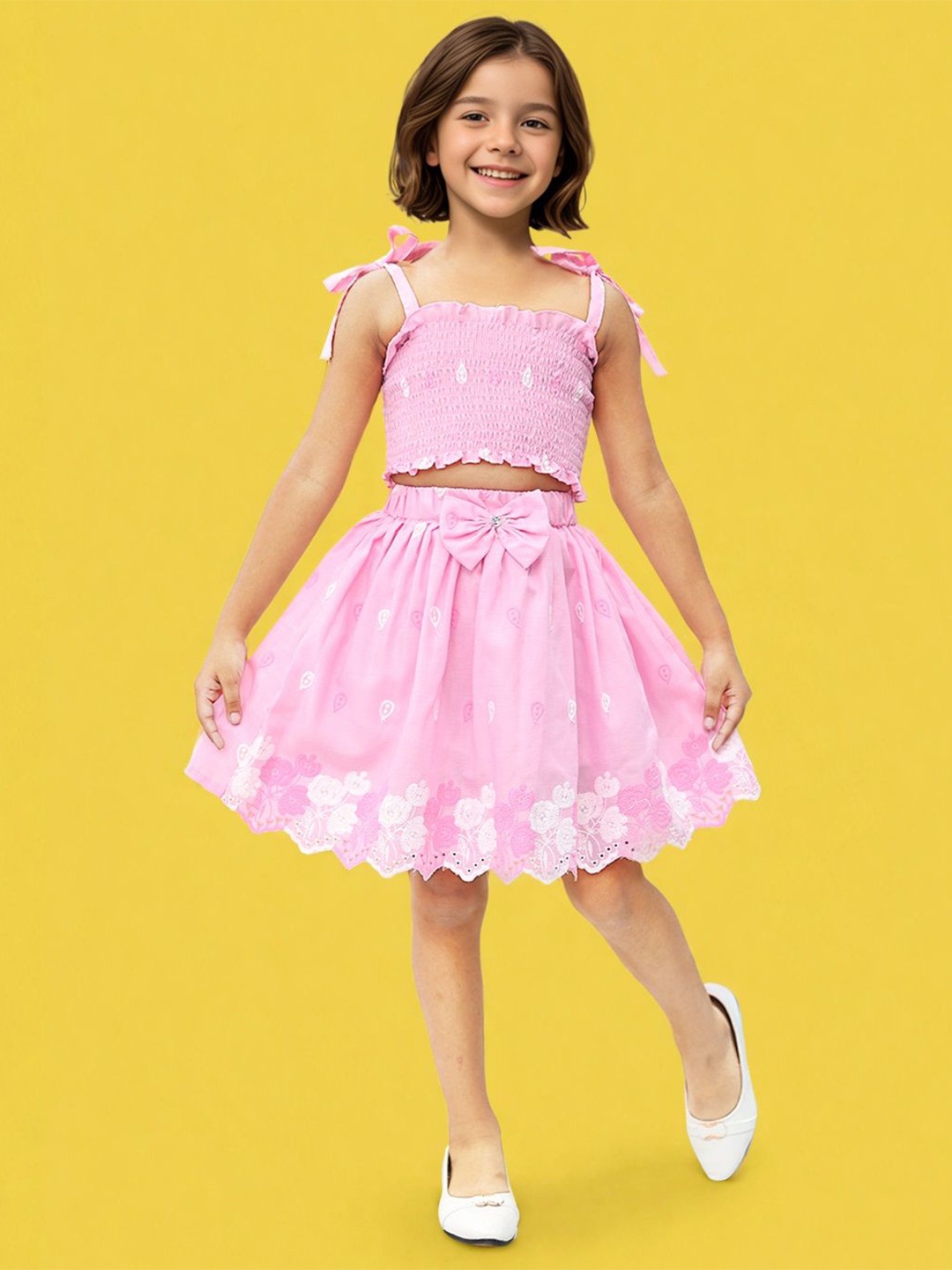 

Toonyport Girls Printed Pure Cotton Top with Skirt, Pink