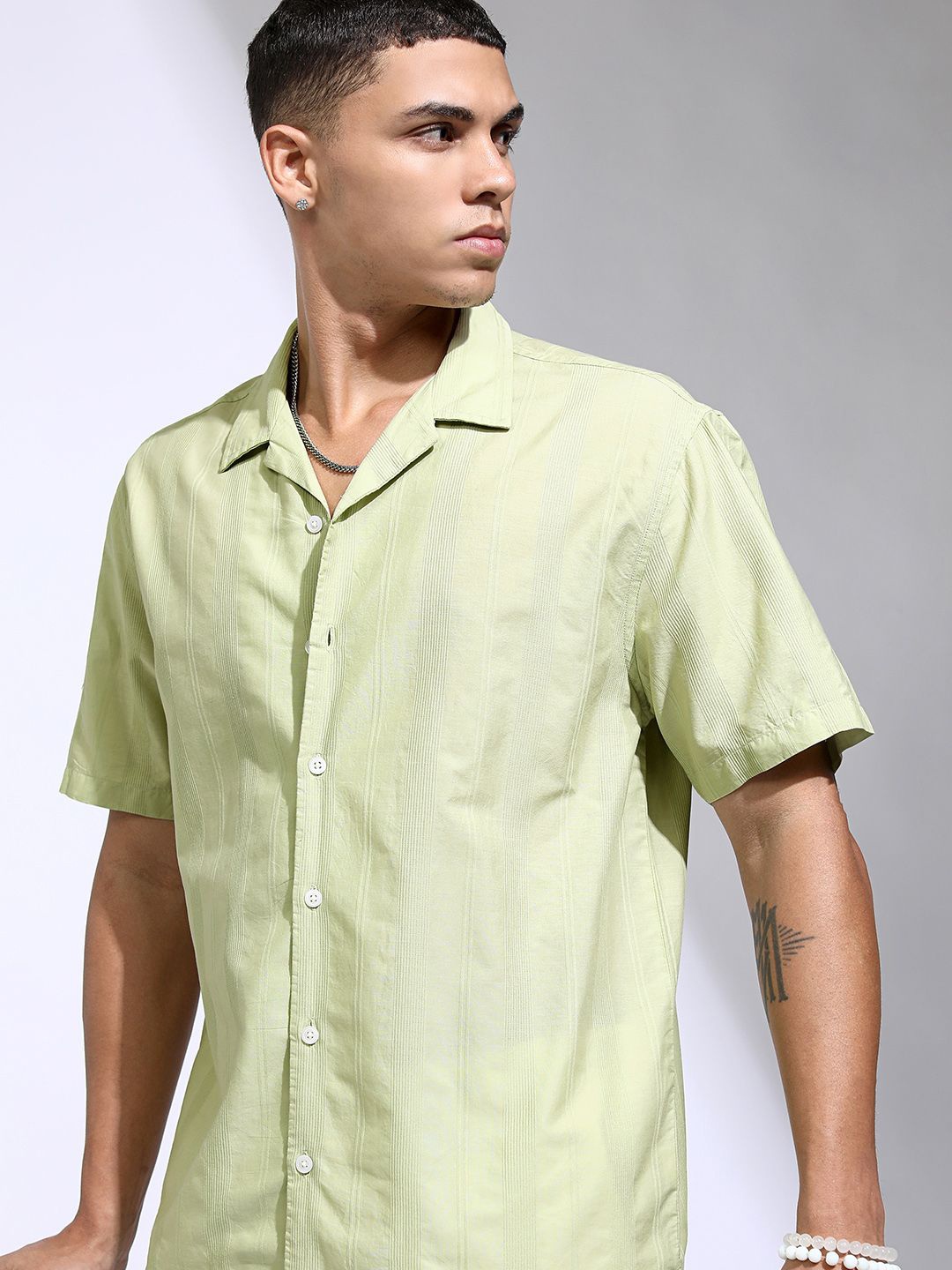 

Highlander Men Dobby Textured Striped Cuban Collar Relaxed Shirt, Green