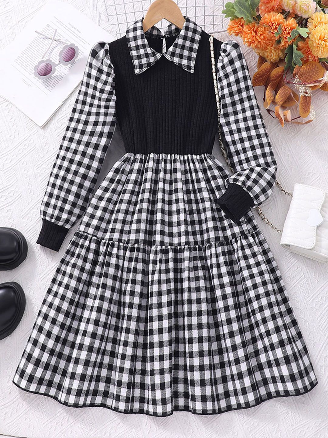 

INCLUD Girls White and Black Checked Long Sleeves Shirt CollarFit & Flare Maxi Dress