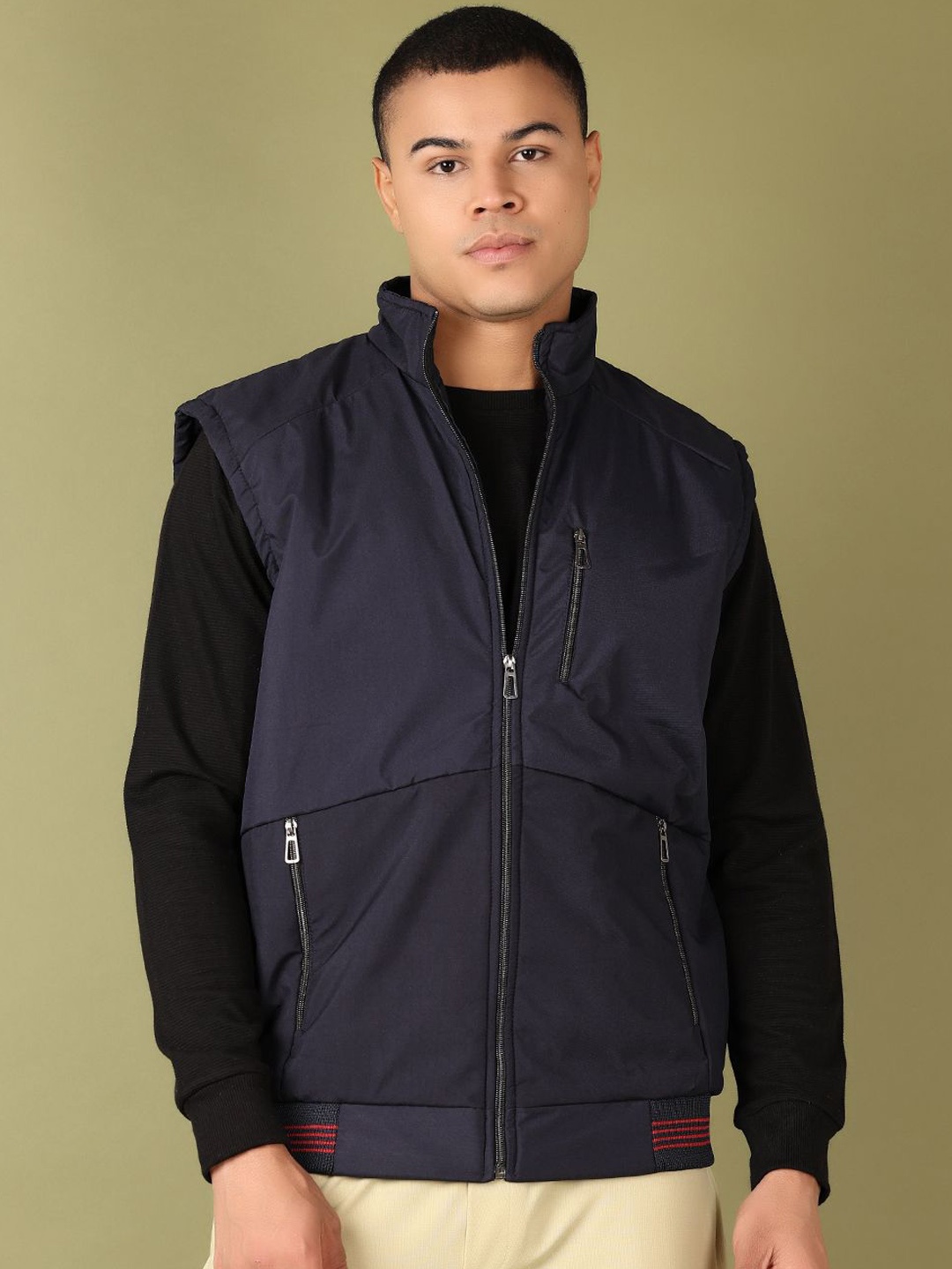 

V-Mart Men Mock Collar Solid Cotton Casual Bomber Jacket, Navy blue