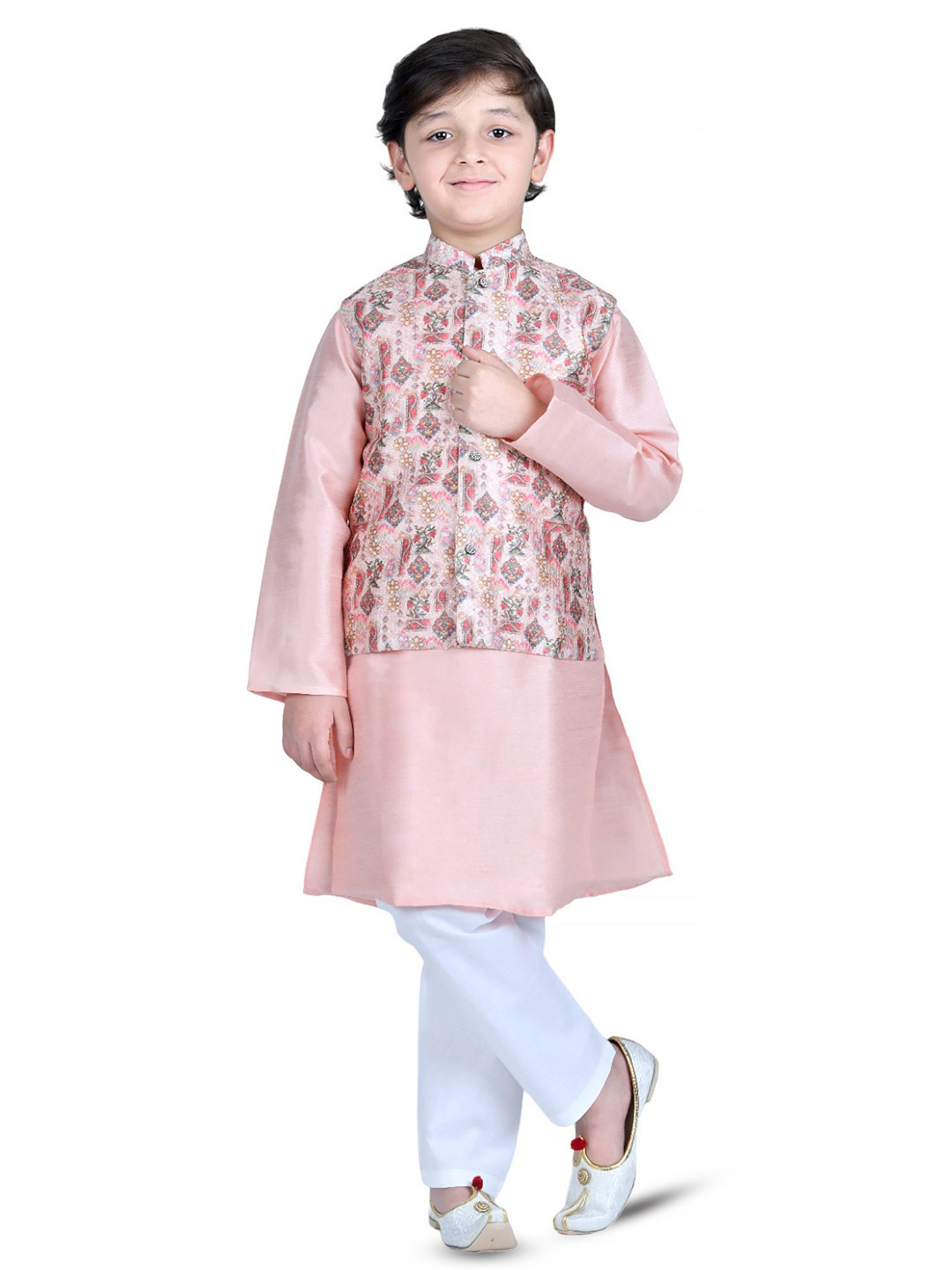 

itsmycostume Mandarin Collar Pure Cotton Kurta With Pyjamas & Printed Nehru Jacket, Peach