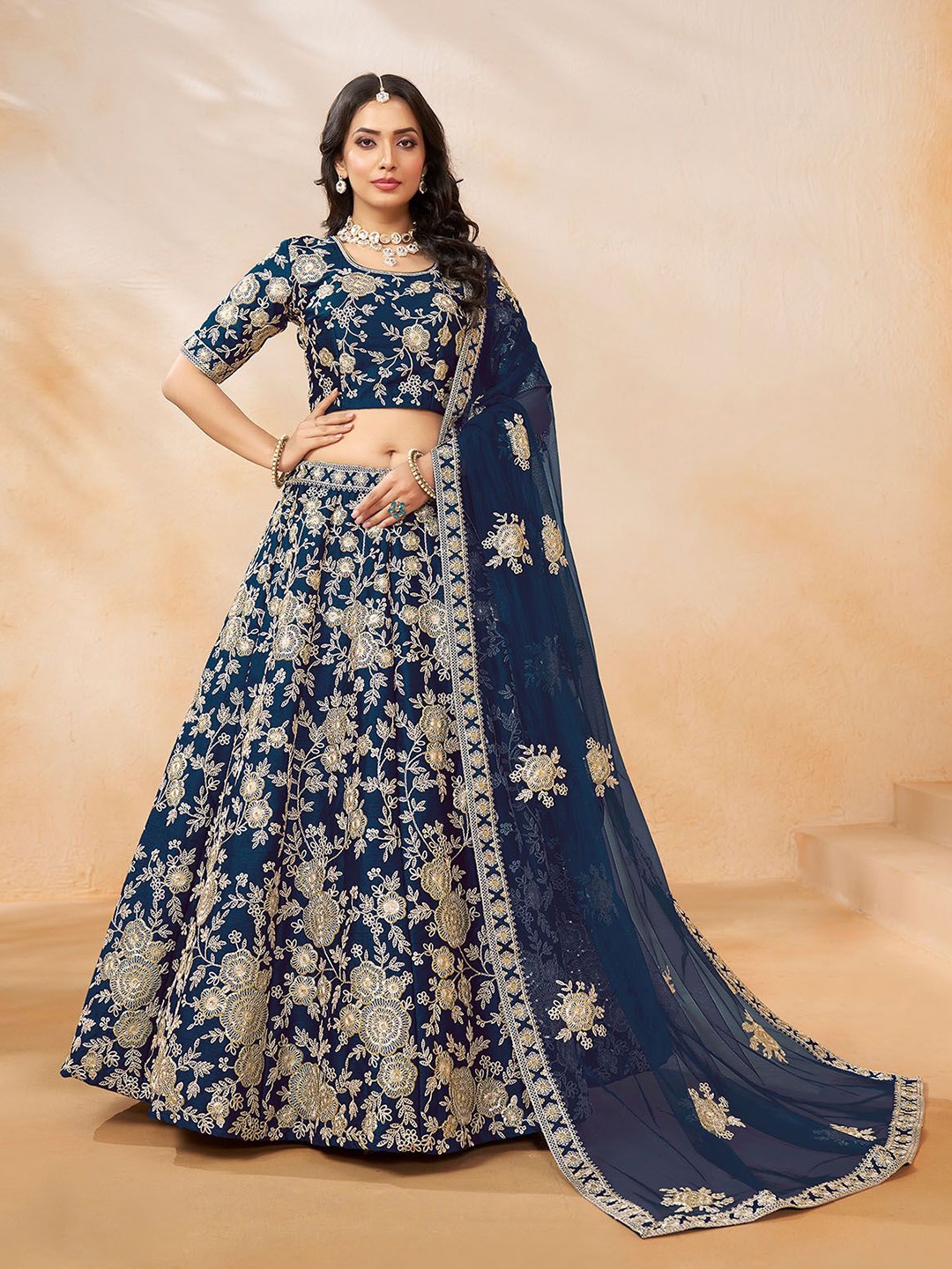 

ODETTE Embroidered Thread Work Semi-Stitched Lehenga & Unstitched Blouse With Dupatta, Navy blue