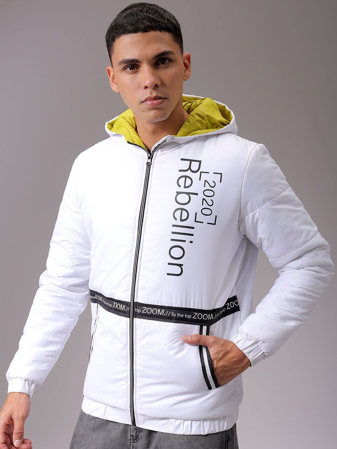 

The Indian Garage Co Men Hooded Typography Printed Casual Quilted Jacket, White