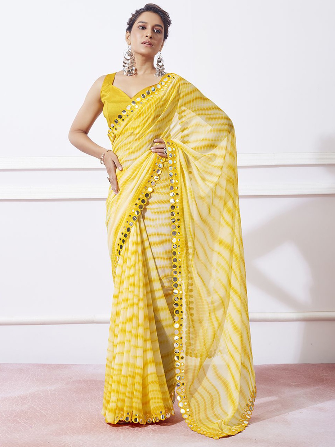 

Kalista Tie and Dye Mirror Work Pure Chiffon Ready to Wear Saree, Yellow