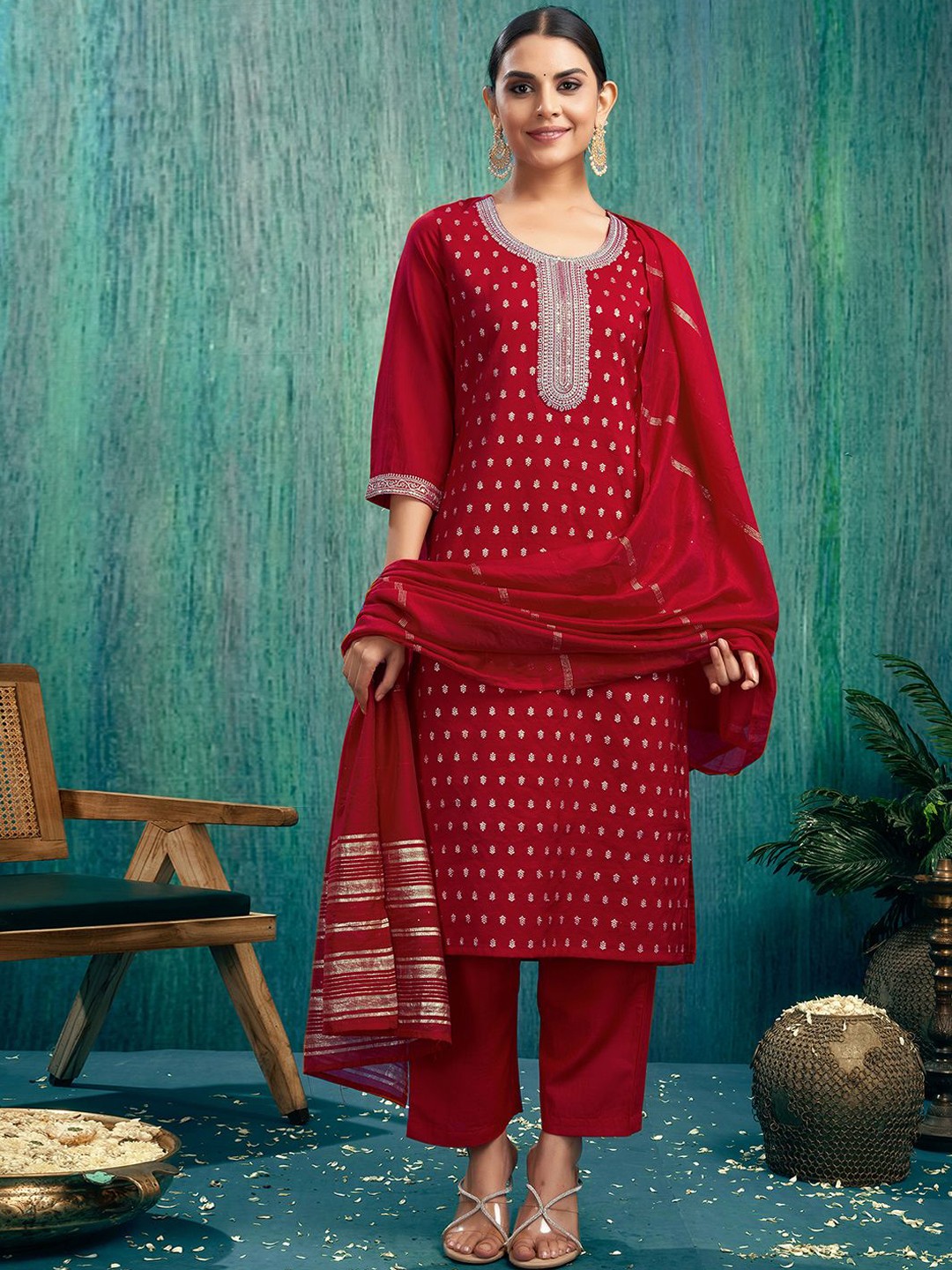 

SKYLEE Red Ethnic Motifs Embroidered Thread Work Kurta With Trousers & Dupatta