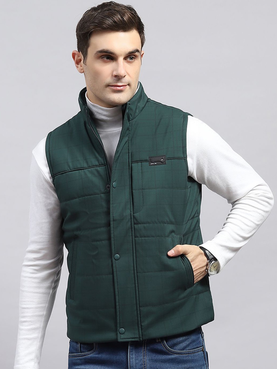 

Monte Carlo Men Mock Collar Solid Casual Padded Jacket, Green