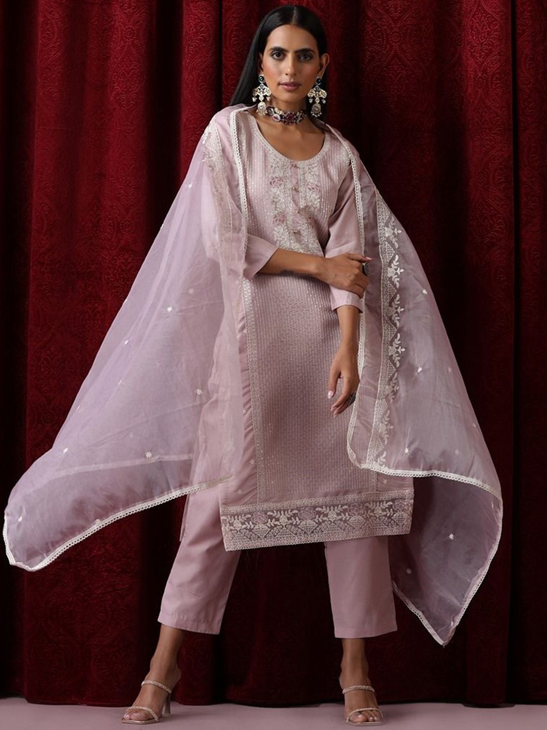 

Triyah Floral Embroidered Sequinned Cotton Silk Straight Kurta With Trouser & Dupatta, Lavender
