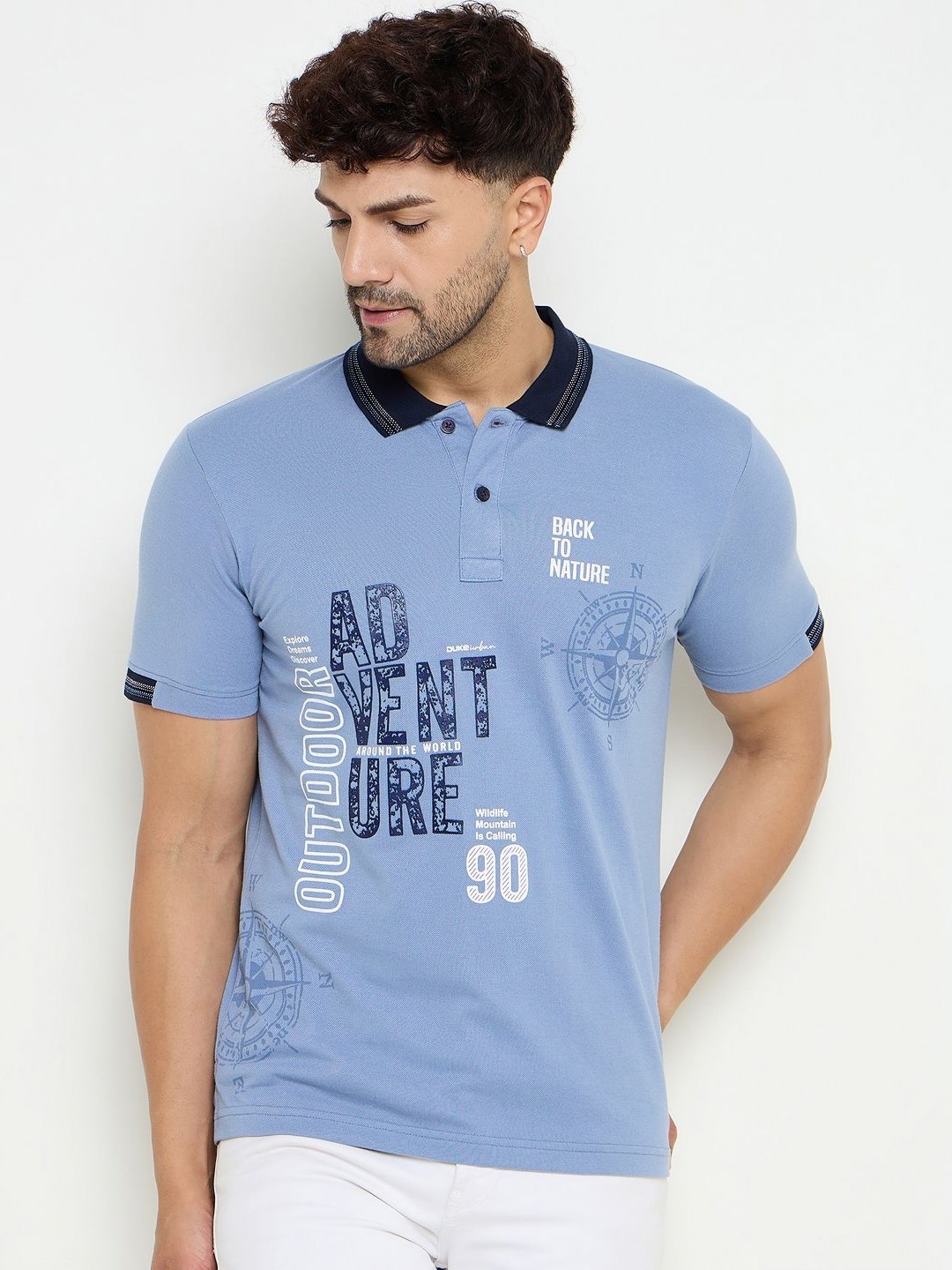 

Duke Men Typography Printed Polo Collar Cotton Slim Fit T-shirt, Blue