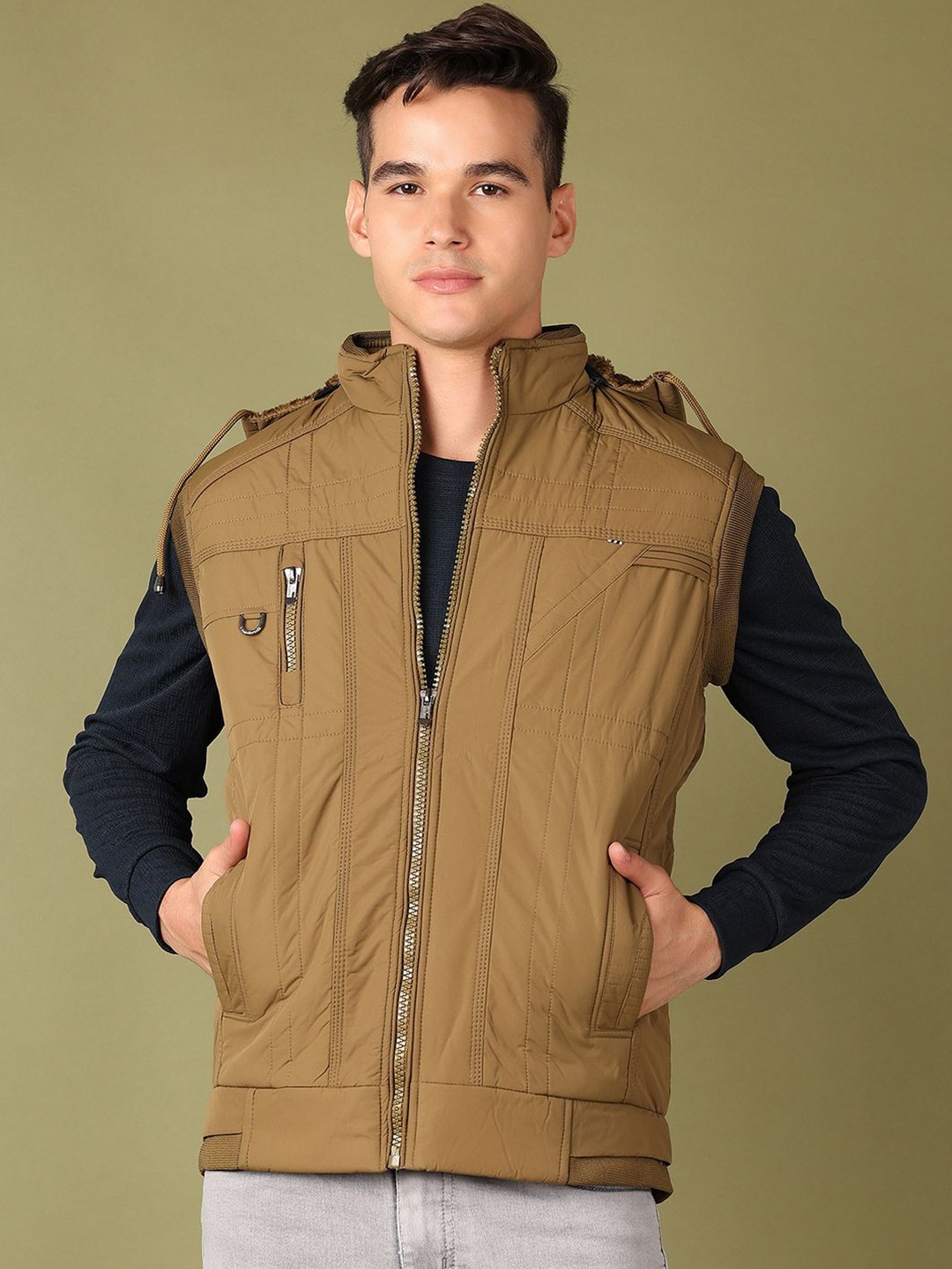 

V-Mart Men Hooded Solid Cotton Casual Bomber Jacket, Khaki