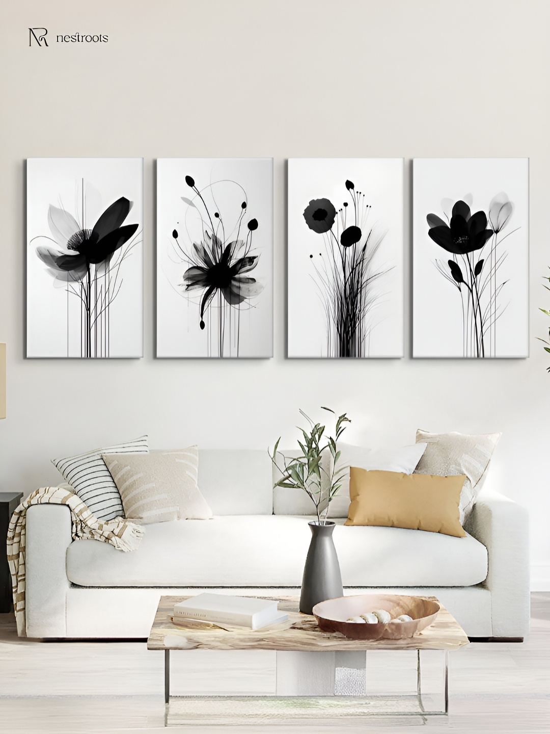 

nestroots White & Black 4 Pieces Canvas Floral & Botanical Wall Arts