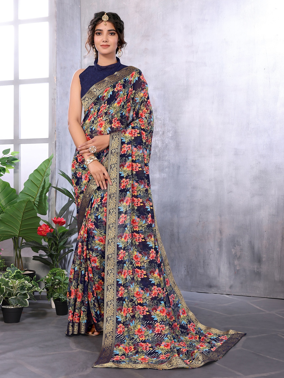 

KALINI Floral Printed Zari Saree, Navy blue