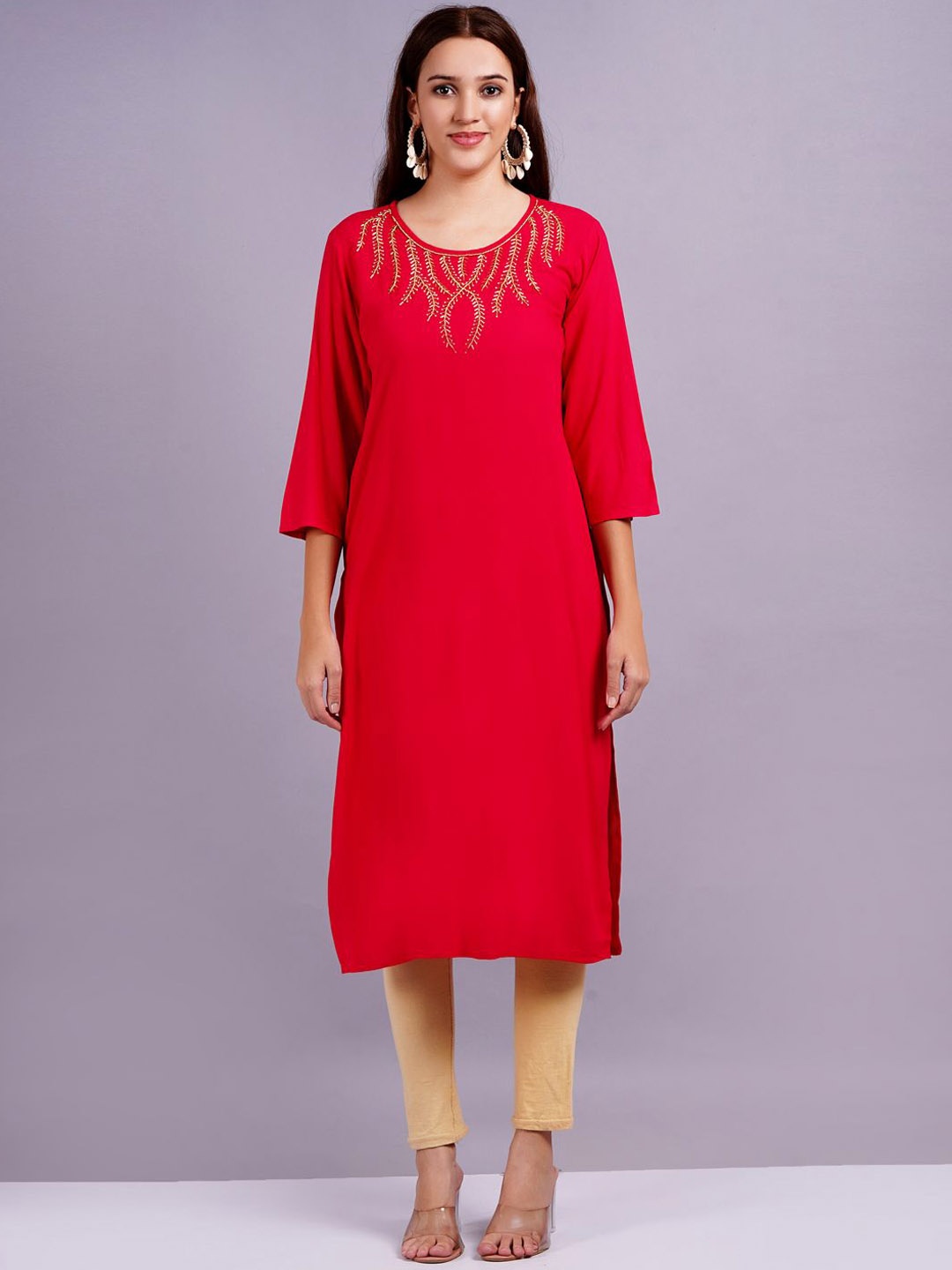 

HIGHLIGHT FASHION EXPORT Floral Embroidered Zardozi Straight Kurta, Red
