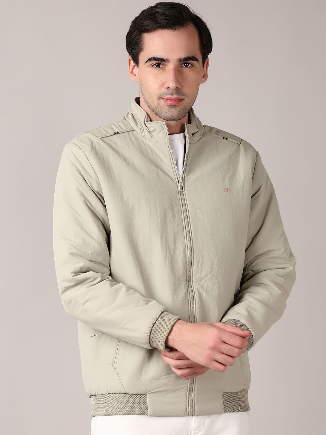 

V-Mart Men Mock Collar Solid Cotton Casual Bomber Jacket, Cream